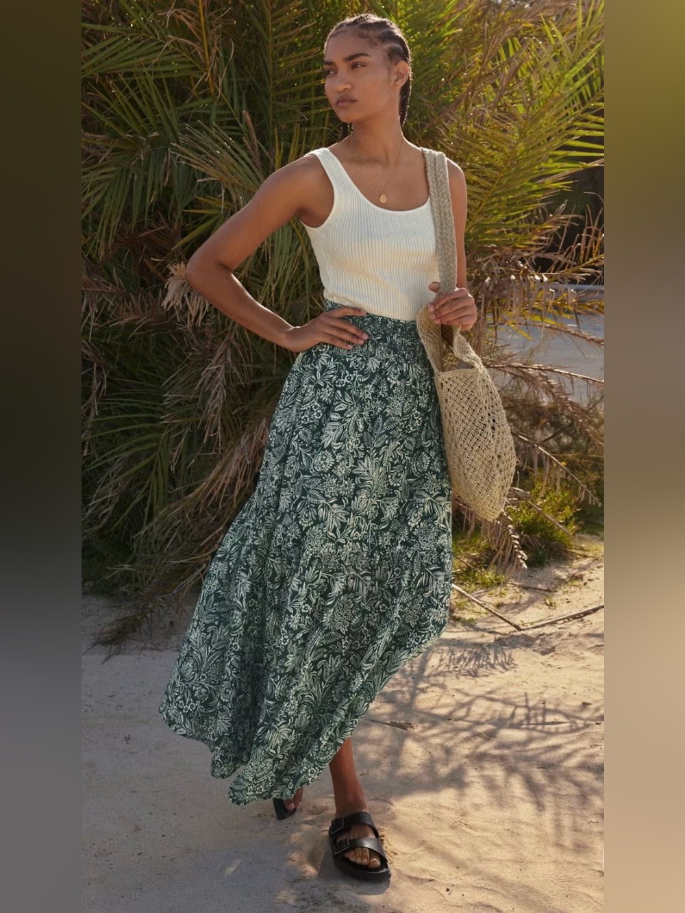 Wrap London Green Floral Tiered Maxi Skirt